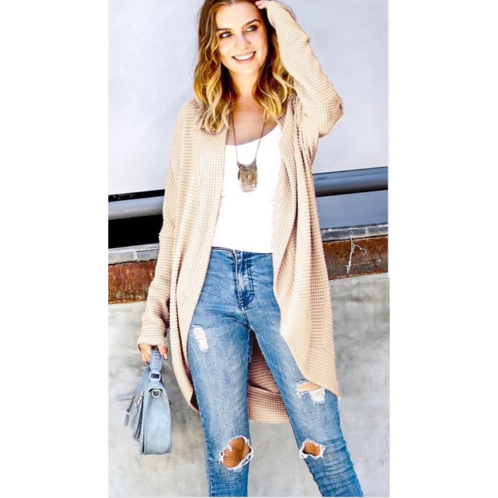 Cream Waffle Knit Dolman Sleeve Rounded Cardigan
